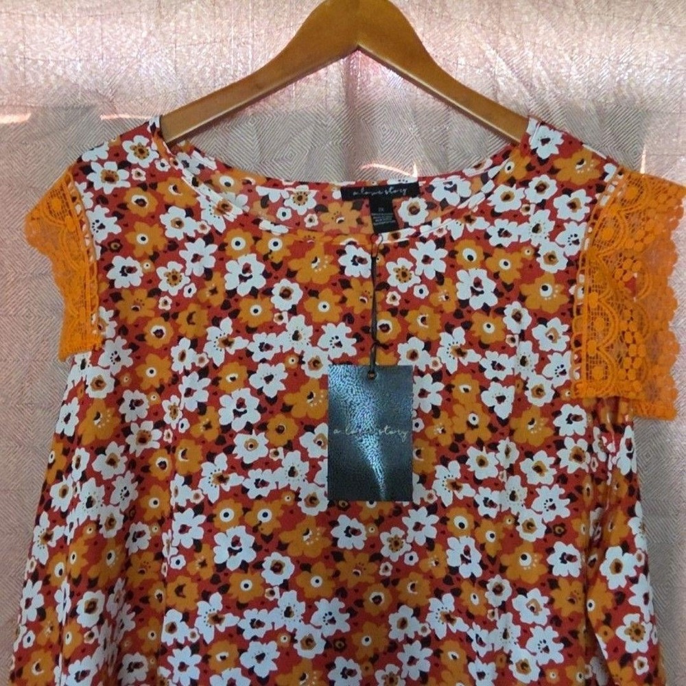 A Love Story Top Womens 2X Plus Orange Floral Crochet Tunic Summer Casual Blouse